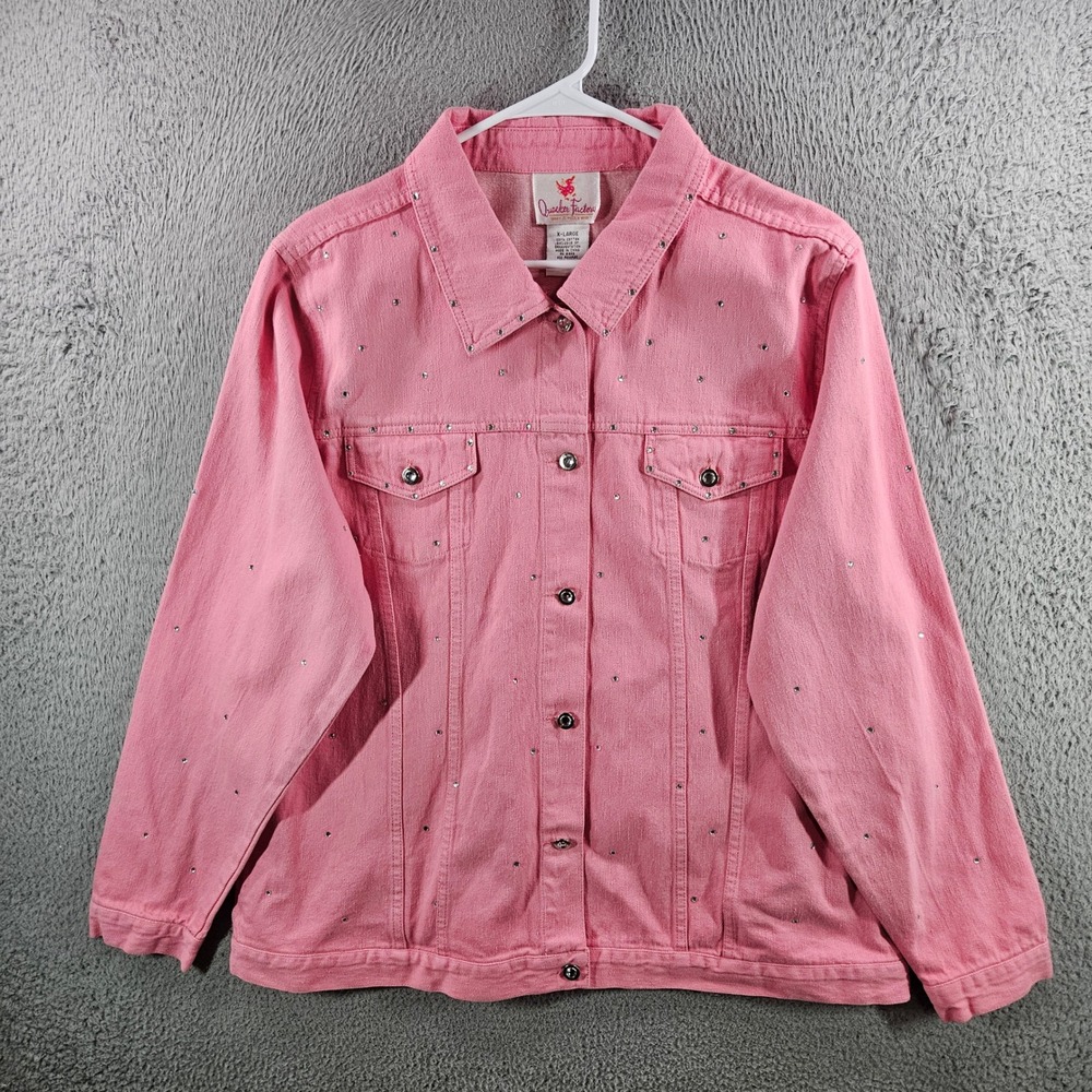 Quacker Factory Pink Rhinestone Denim Jacket Womens XL Cotton Sparkle